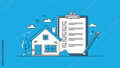 White house next to a large clipboard with multiple check marks and a blue pencil set against a bright blue background for surveys.