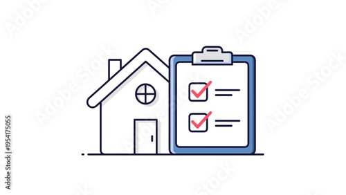 House icon and a clipboard with checkmarks on it representing home inspection, real estate appraisal, and property checklist for homeowners.