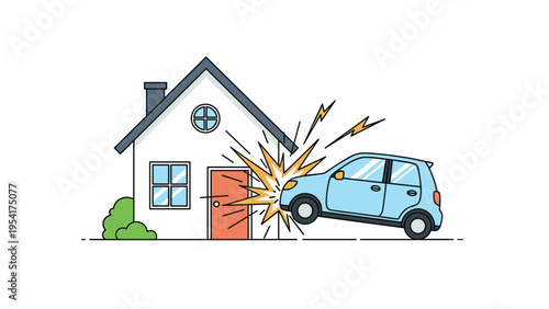 Car crashing into the side of a house with a large explosion effect representing vehicle accidents and property damage for insurance purposes.