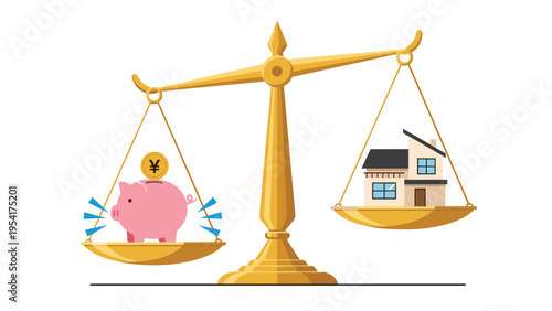 Golden balance scale with a pink piggy bank and a modern house on each side representing the financial balance between saving and home ownership.