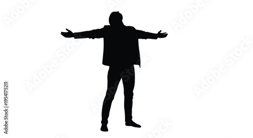 Silhouette of confident businessman standing with arms outstretched in black isolated on white background, symbolizing success and freedom