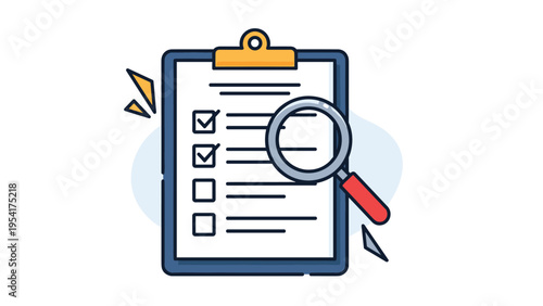 Checklist on a clipboard with checkmarks being inspected by a magnifying glass symbolizing thorough review, audit, and quality control processes.