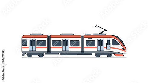 Sleek modern passenger train with multiple cars and an overhead pantograph for electric power representing sustainable public transportation systems.