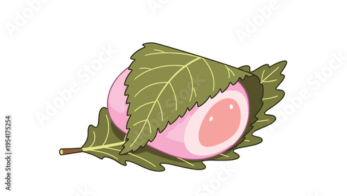 Traditional Japanese sakura mochi sweet made of pink glutinous rice and filled with red bean paste wrapped in a green pickled cherry blossom leaf.