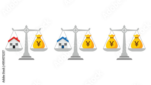 Set of three balance scales comparing different houses and bags of money with currency symbols representing varying real estate values and prices.