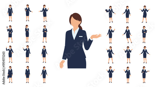 Large collection of business woman character icons in various professional poses and gestures for office communication and corporate presentations.