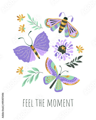 Elegant greeting card with butterflies, flowers and botanical elements Hand drawn decorative composition with gold elements and stylish design Perfect for invitations, holiday cards, posters and print