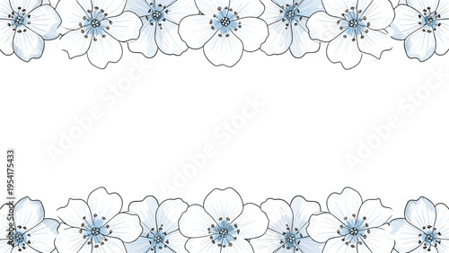 Decorative border made of delicate light blue flowers with dark centers and subtle shading for elegant botanical backgrounds and stationery designs.