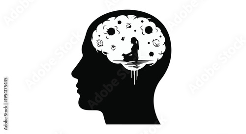 Mindfulness meditation concept with person meditating inside brain, mental wellness and self-care illustration for health and psychology themes