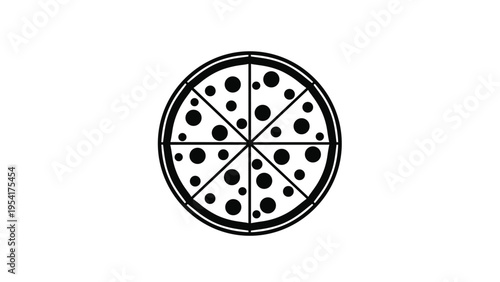 Circular black and white icon of a pizza sliced into eight pieces with different toppings representing Italian cuisine and fast food restaurants.