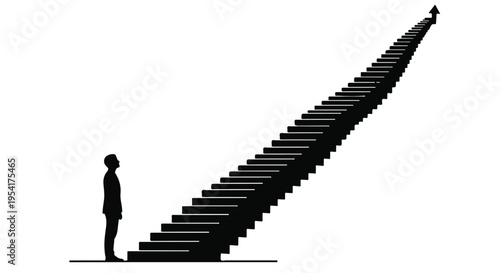 Silhouette of ambitious businessman standing at base of giant staircase leading to success, representing career growth and professional development in corporate setting