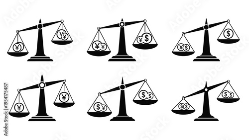 Collection of six black and white scale icons showing different balances between bags and coins of yen and dollar currencies for financial analysis.