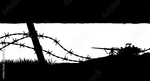 Silhouette of barbed wire and wooden stake on the ground. trench war elements vector background.
