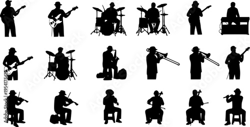 Large group silhouettes set of musicians playing various musical instruments vector collection.
