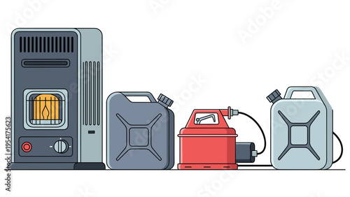 Indoor kerosene heater with several fuel storage cans and an electric pump for winter home heating and energy preparation in cold climates.