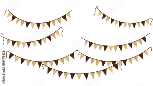 Set of decorative triangle bunting garlands in various brown and beige shades for festive celebrations and party decorations.