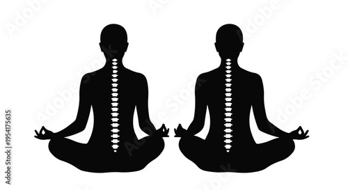 Two people meditating in lotus position with spine silhouette, yoga practice, wellness concept, healthy lifestyle, mindfulness, relaxation, inner peace