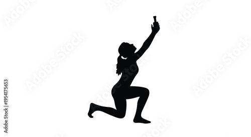 Silhouette of young woman taking photo with smartphone in dynamic running pose on white background, technology and active lifestyle concept