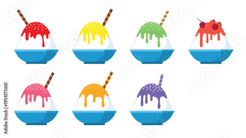 Selection of colorful shaved ice bowls topped with different syrups, sprinkles, and fruit garnishes as refreshing summer treats.