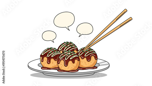 Plate of four takoyaki octopus balls drizzled with sauce and topped with seaweed flakes next to chopsticks and speech bubbles.