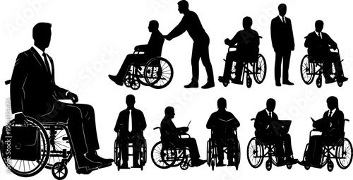 disabled man in wheelchair silhouettes vector. Silhouettes disabled in a wheel chair. Vector drawing rights in a wheelchair. silhouette businessman sitting on wheelchair over white background