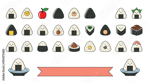 Grid of cute onigiri rice ball characters with various facial expressions and fillings including seaweed, plum, and egg.
