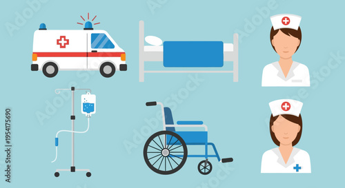 Medical Professionals and Hospital Equipment Icons.