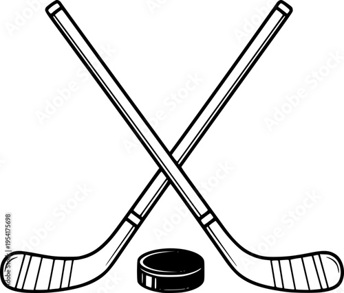 Crossed Hockey Sticks and Puck - Vector Outline Illustration
