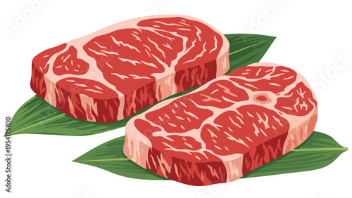 Two thick cuts of raw marbled beef steaks presented on green bamboo leaves as premium quality meat products for cooking.