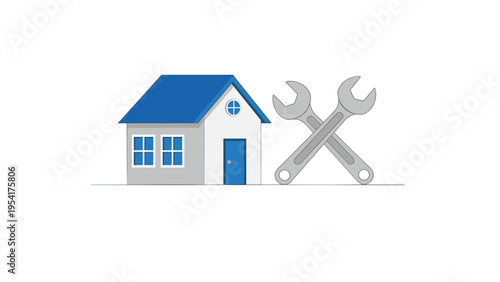 Small residential house icon with a blue roof shown next to crossed grey wrenches representing home repair and maintenance services.