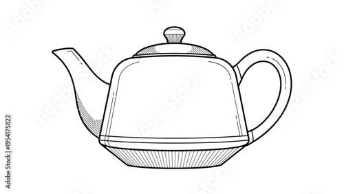Classic porcelain or ceramic teapot rendered in a detailed black and white line drawing style with shading and cross-hatching.