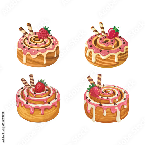 various sweet cake pieces cartoon illustration