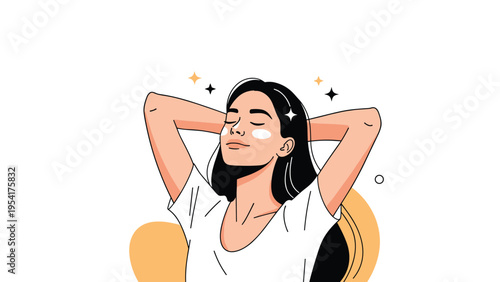 Illustration of a serene woman relaxing with eyes closed and hands behind her head against an abstract decorative background.