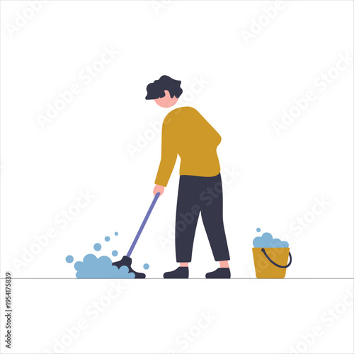  vacuuming the floor with a modern vacuum cleaner, wearing casual clothes, 