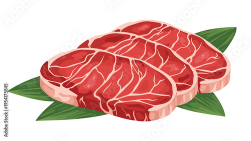 Three fresh slices of raw marbled beef steaks arranged on green bamboo leaves suitable for BBQ or gourmet cooking themes.