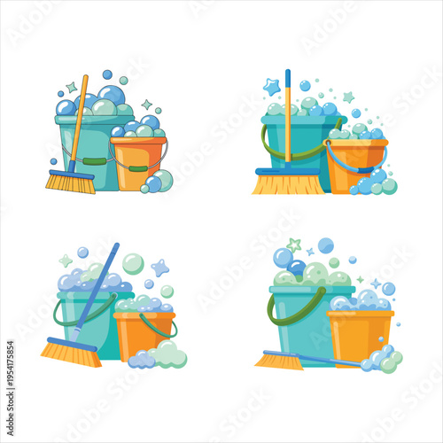 Cleaning bucket and mop with soap suds illustration