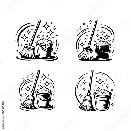 Cleaning bucket and mop with soap suds illustration