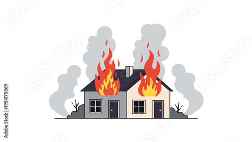 Dramatic illustration of a house engulfed in large orange flames with thick grey smoke rising into the air as a fire emergency.