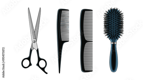 Set of professional hair cutting and styling tools including silver scissors two black combs and a round cushioned hairbrush.