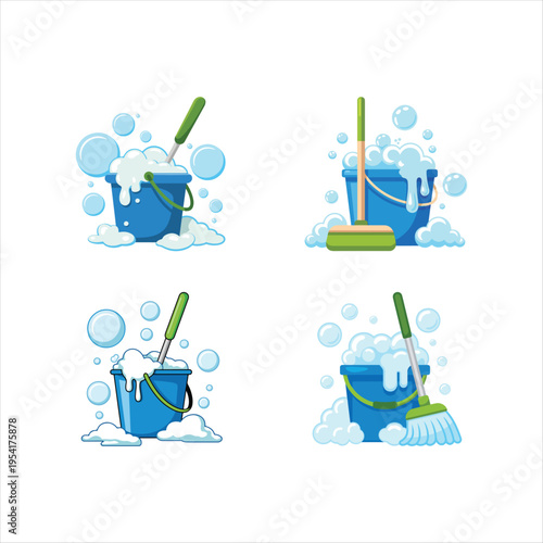 Cleaning bucket and mop with soap suds illustration