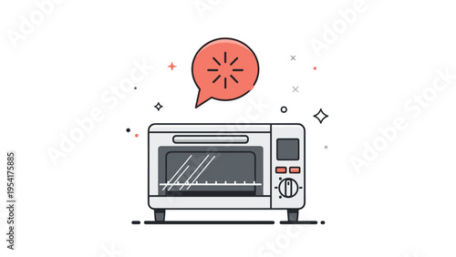 Small kitchen toaster oven with a loading or processing icon in a red speech bubble above it against a decorative background.