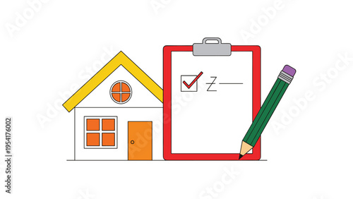 Simple white house with a yellow roof next to a red clipboard checklist and a green pencil representing home surveys or move-in checks.