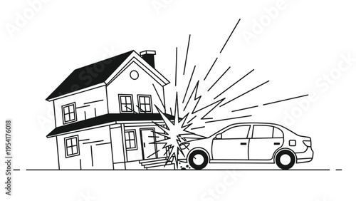 Black and white line drawing of a car crashing into a two-story residential house during a serious property damage accident.