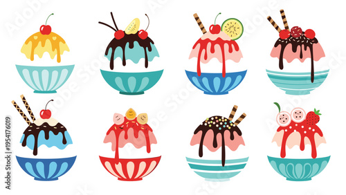 Collection of eight fancy shaved ice bowls decorated with various fruit syrups chocolate toppings whipped cream and decorative wafers.