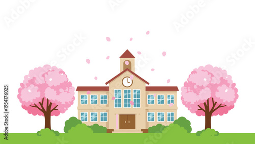 Traditional school building with a clock tower surrounded by blooming pink cherry blossom trees and falling petals in flat vector style.