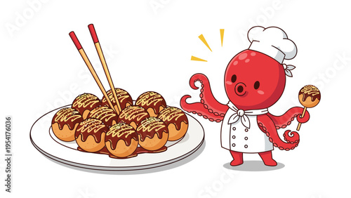 Cute cartoon octopus chef in a white uniform holding a takoyaki ball on a stick next to a full plate of takoyaki octopus balls.