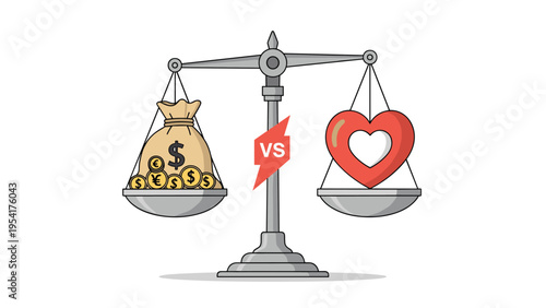 Balance scale weighing a large brown money bag filled with gold coins against a bright red heart symbol to represent ethics and value.