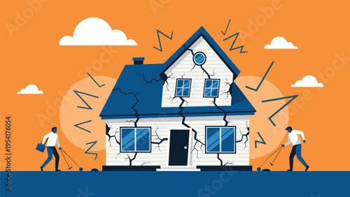 Structural damage assessment of a cracked house by two inspectors using specialized tools during a property insurance claim investigation.