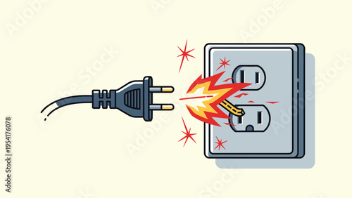 Dangerous electrical short circuit showing a black power plug sparking and burning as it nears a wall outlet in a warning safety illustration.