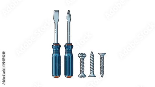 Pair of blue handled screwdrivers including flat head and Phillips types alongside three different metal screws for construction and repair.